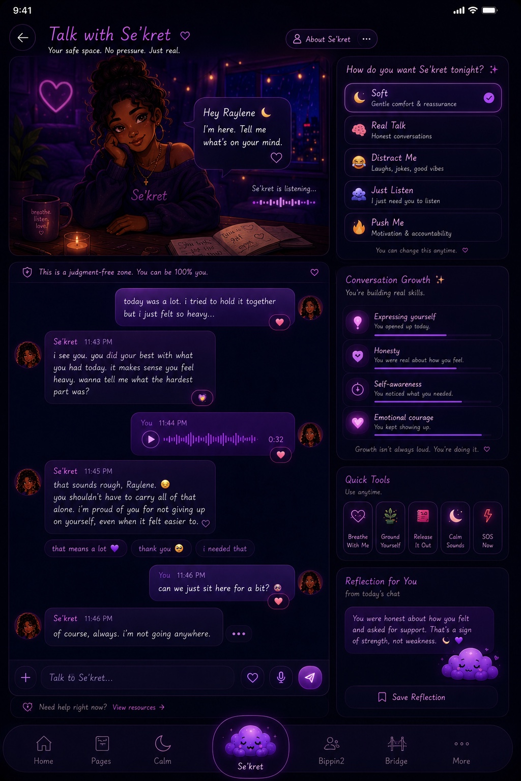 Talk with Se’kret companion conversation concept in a dark purple interface